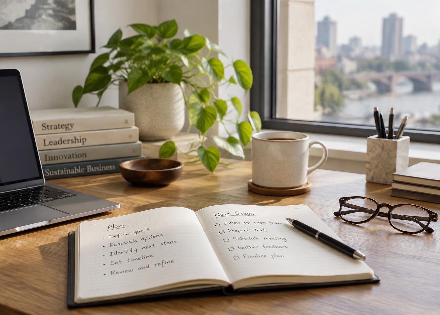 Open notebook with planning notes, glasses and a coffee cup on a sunlit desk